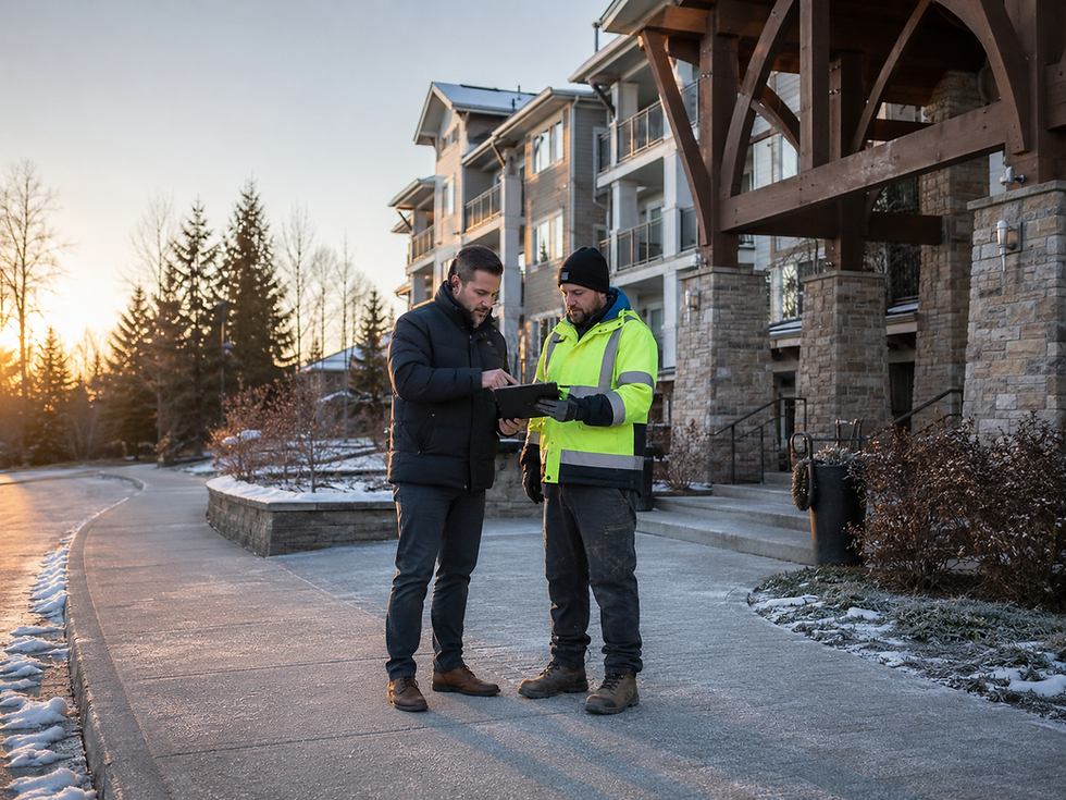 Snow removal worker showing a winter service plan on a tablet to a man outside a residential home.