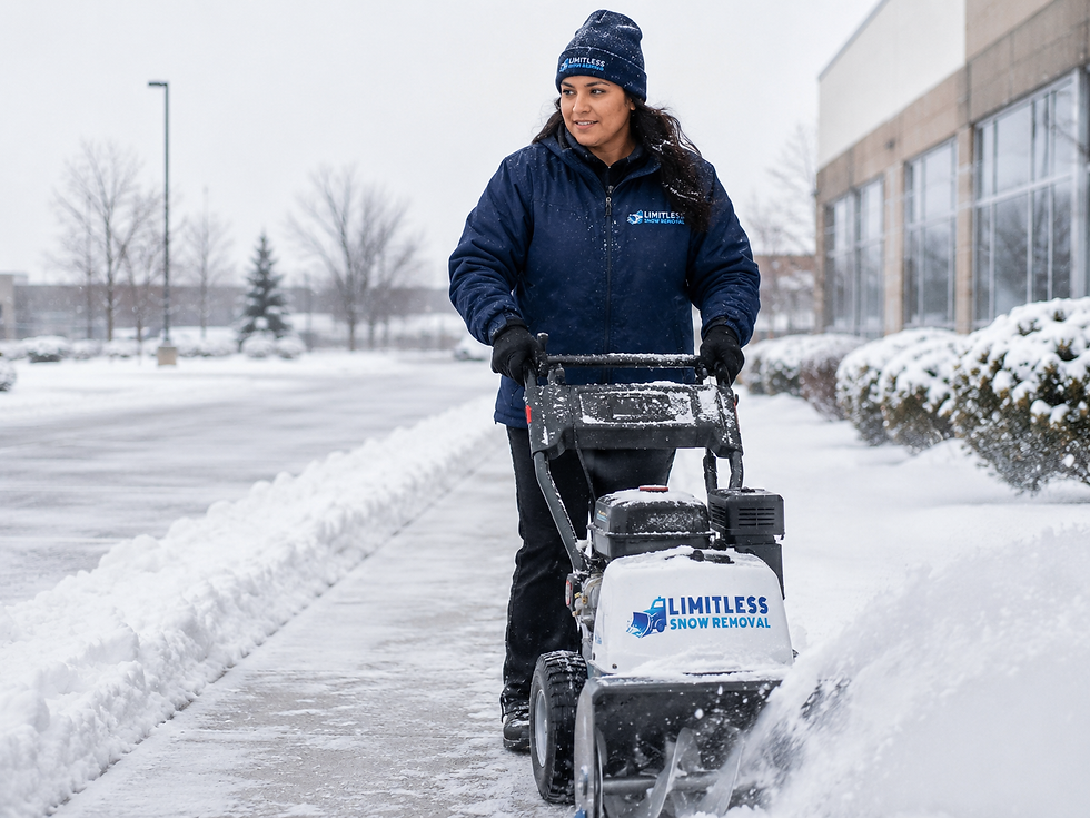 Limitless Snow Removal worker using a compact sidewalk machine to maintain a clear winter route along a large commercial property.
