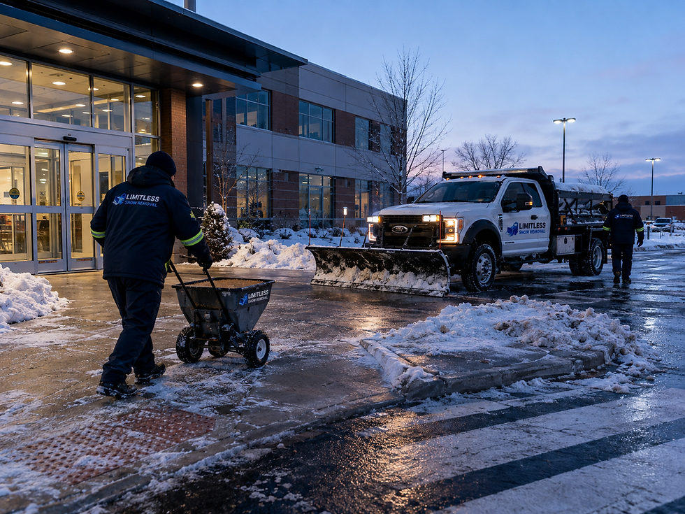 Limitless Snow Removal crew treating a commercial entrance and curb ramp with granular de-icer beside a branded plow truck at dawn.