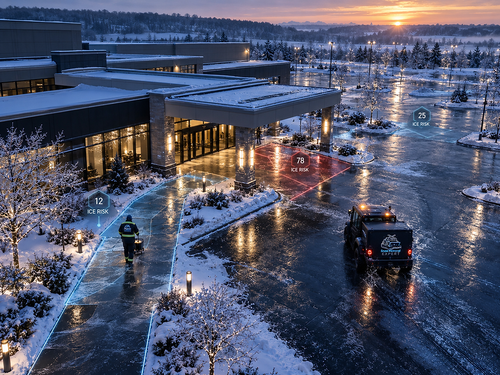 Drone view of Snow Removal Expert monitoring black ice risk across a commercial property with mapped high- and low-risk zones.