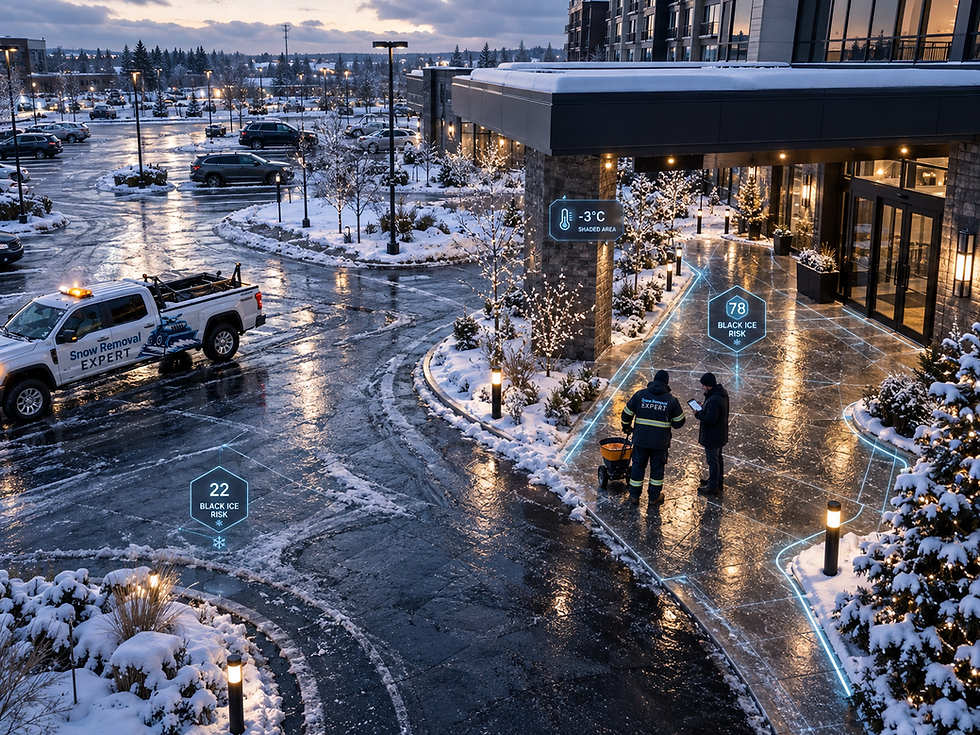Snow Removal Expert worker inspecting a commercial entrance while digital risk indicators highlight changing black ice conditions.