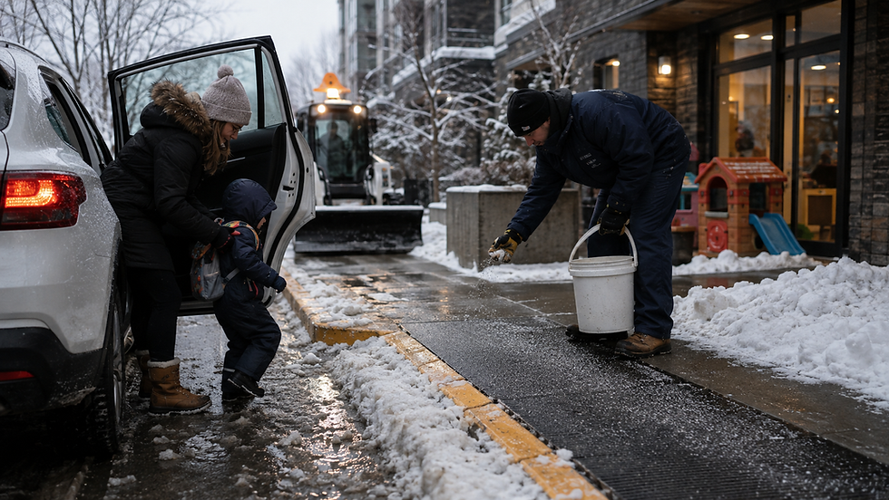 Worker treating an icy curbside walkway with de-icer as a parent helps a child step out of an SUV at a winter daycare drop-off zone.