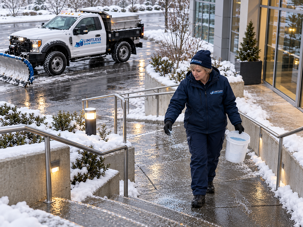 Limitless Snow Removal worker treating a sloped entrance walkway outside a commercial office property after snow clearing.