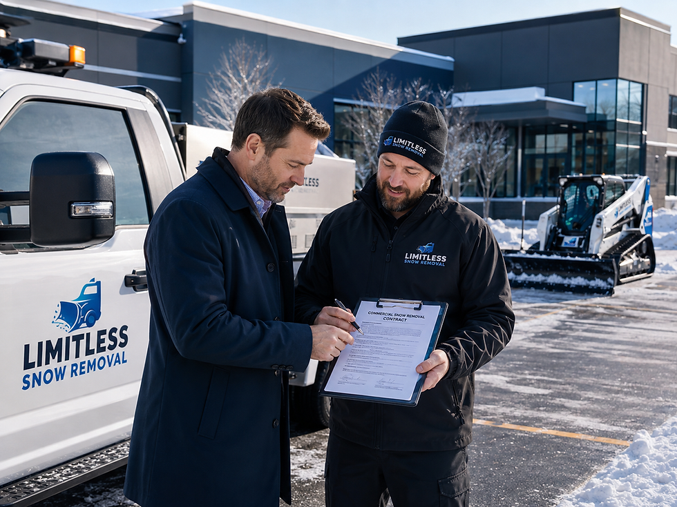 Property manager signing a commercial snow removal contract with a Limitless Snow Removal contractor beside branded winter equipment.