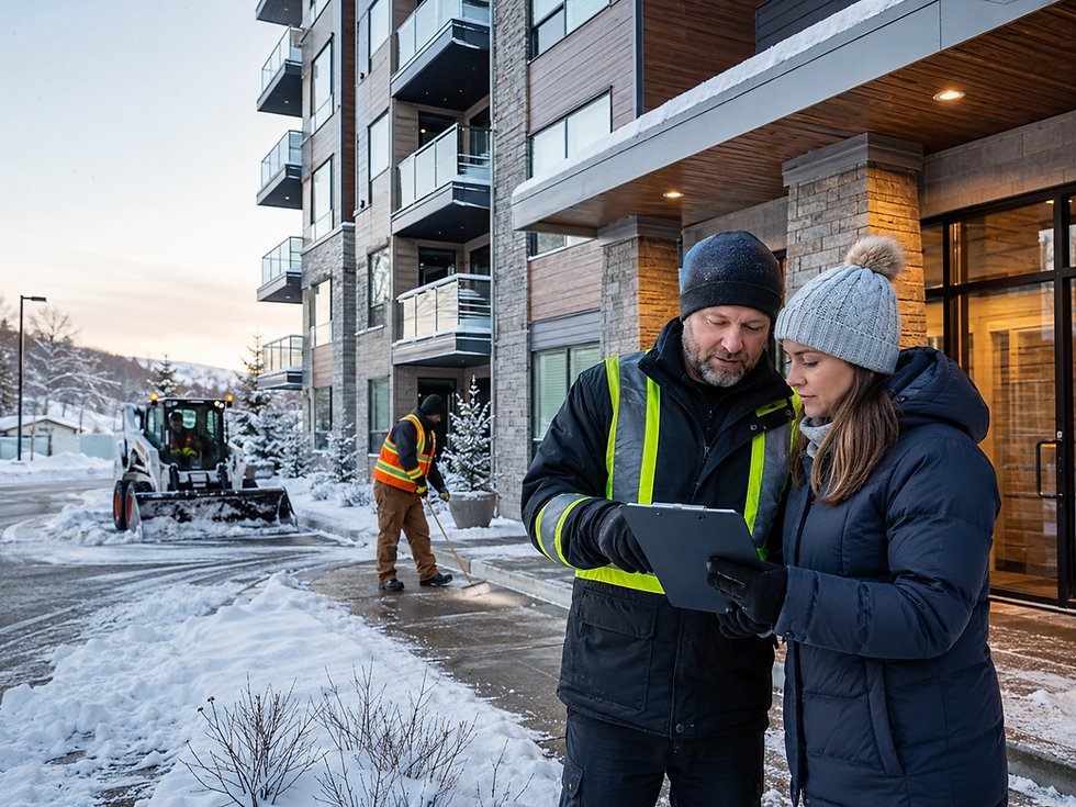 Snow removal worker showing documents to a woman while crews clear snow near an apartment building
