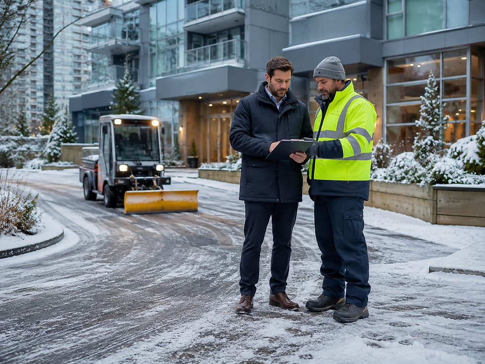 Worker reviewing documents with a man while another crew member clears snow from the road using snow removal equipment.