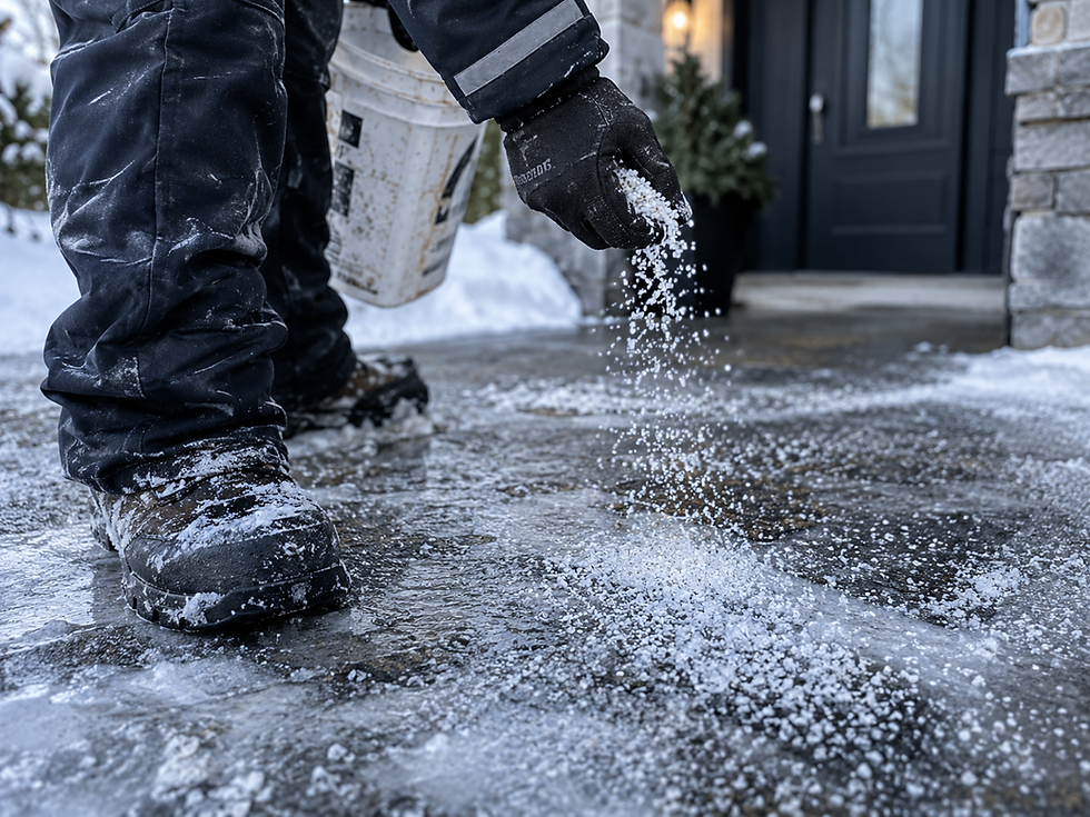 Extreme close-up of a Snow Removal Expert worker spreading granular de-icer over an icy entrance walkway.