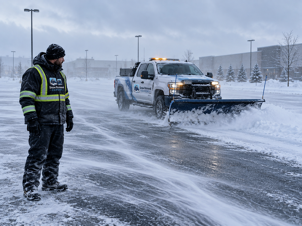 Snow Removal Expert crew member monitoring an open snowy parking lot while a plow truck clears windblown accumulation.
