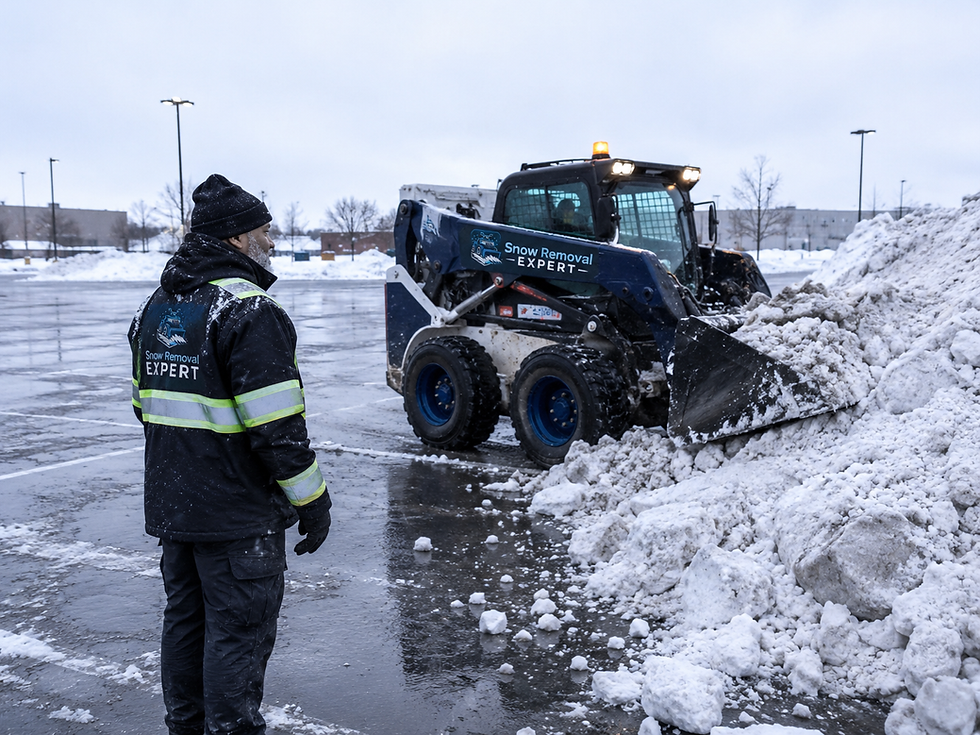 Snow Removal Expert worker supervising a skid-steer as it pushes accumulated snow into a large storage pile.