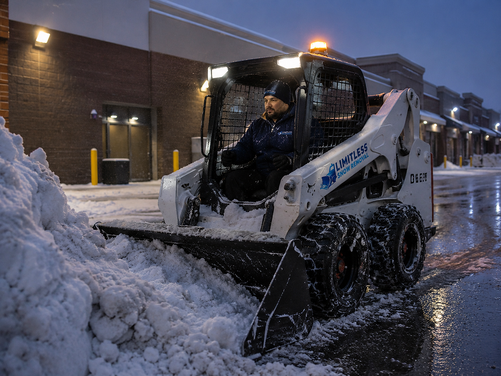 Limitless Snow Removal skid steer removing piled snow from a commercial property during evening winter service.