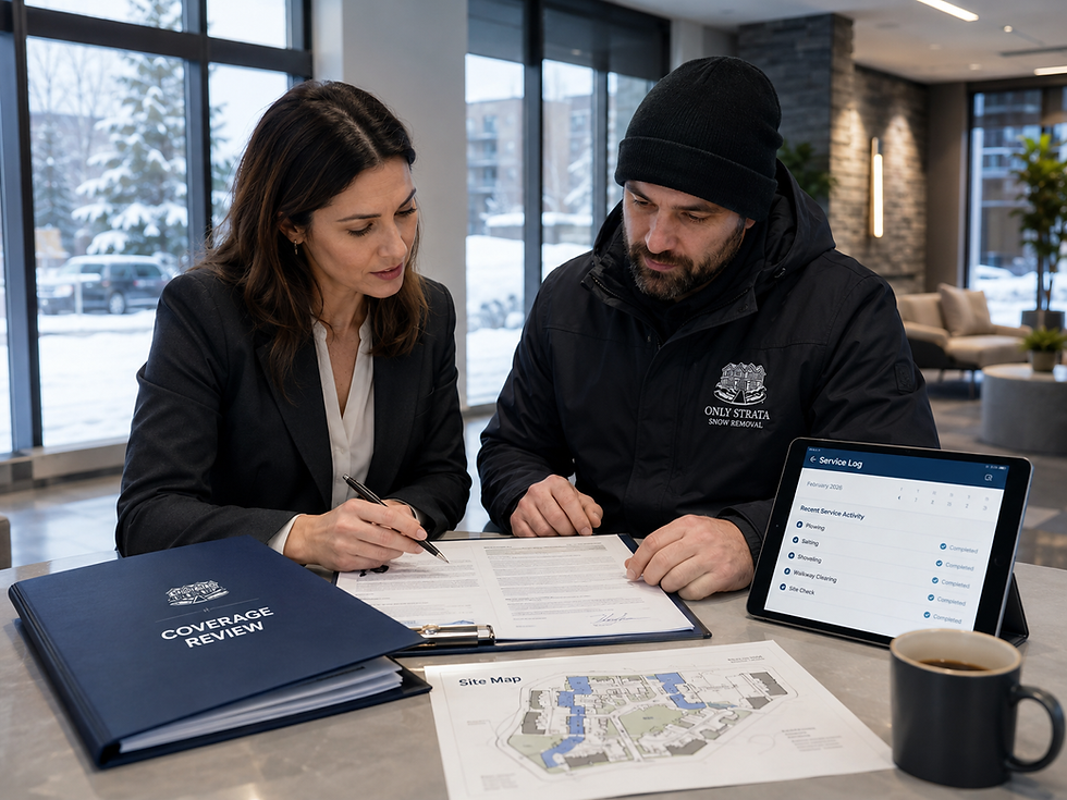Only Strata Snow Removal representative reviewing insurance coverage documents and service logs with a property manager inside a modern strata lobby.