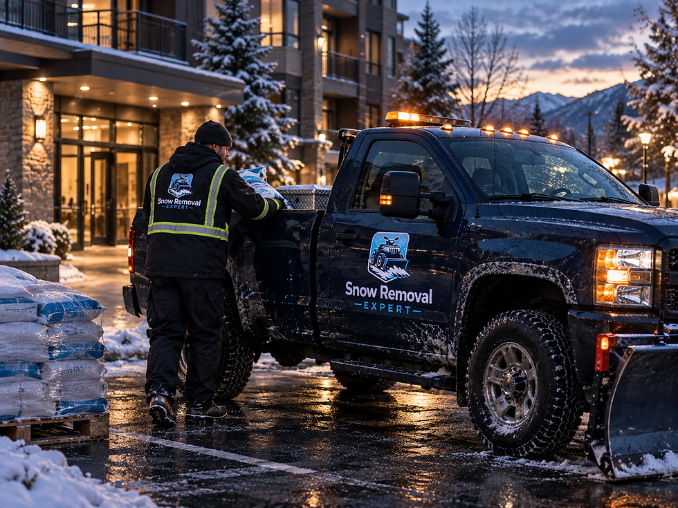 Snow Removal Expert worker treating a snowy loading area while a plow truck stands ready for the next service stop.