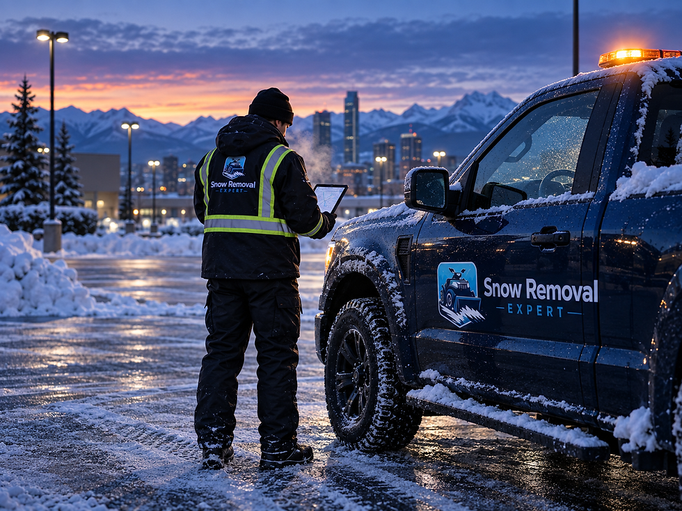 Snow Removal Expert worker reviewing route and service information beside a branded snow plow truck before a winter shift.