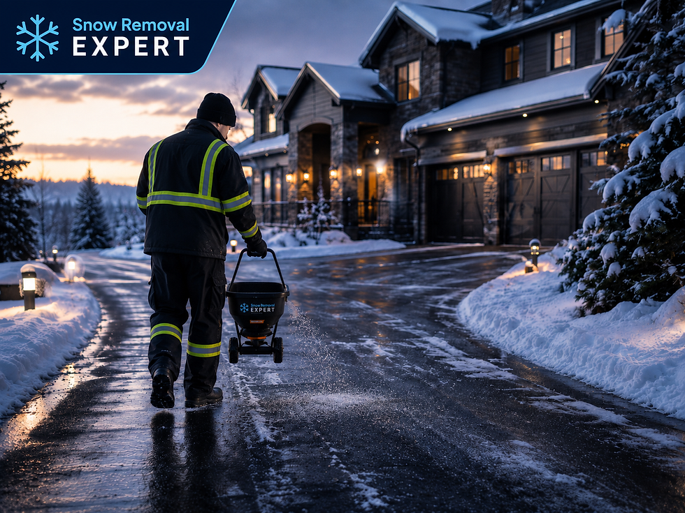 Snow removal worker applying de-icer to a cleared residential driveway to help prevent black ice and overnight refreeze.
