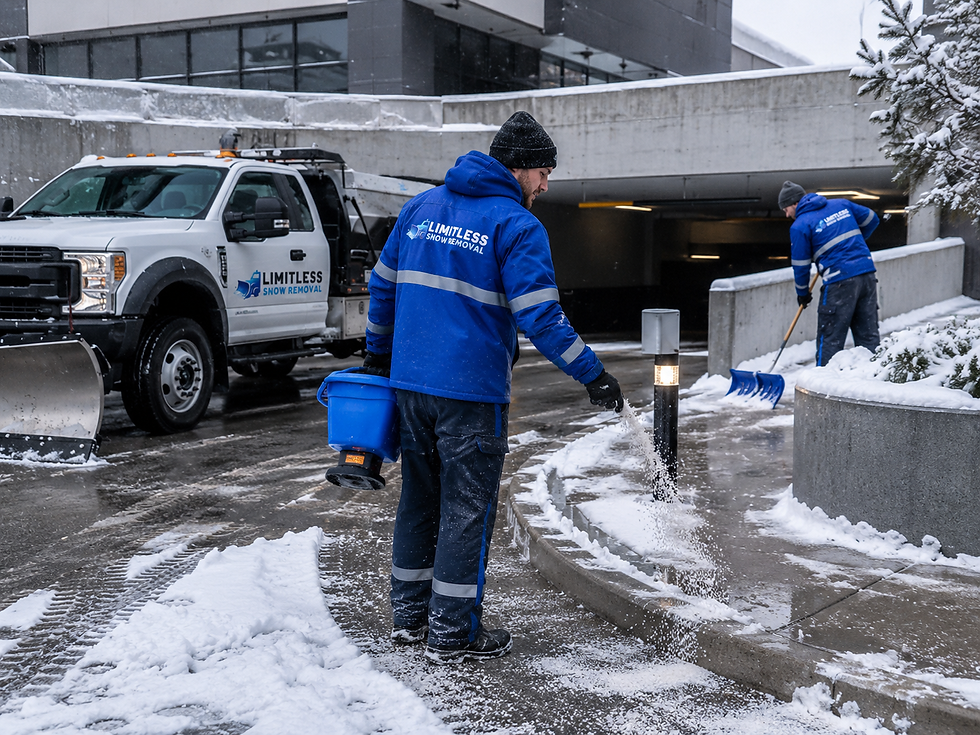 Limitless Snow Removal crew applying salt and clearing snow near a commercial parkade entrance.