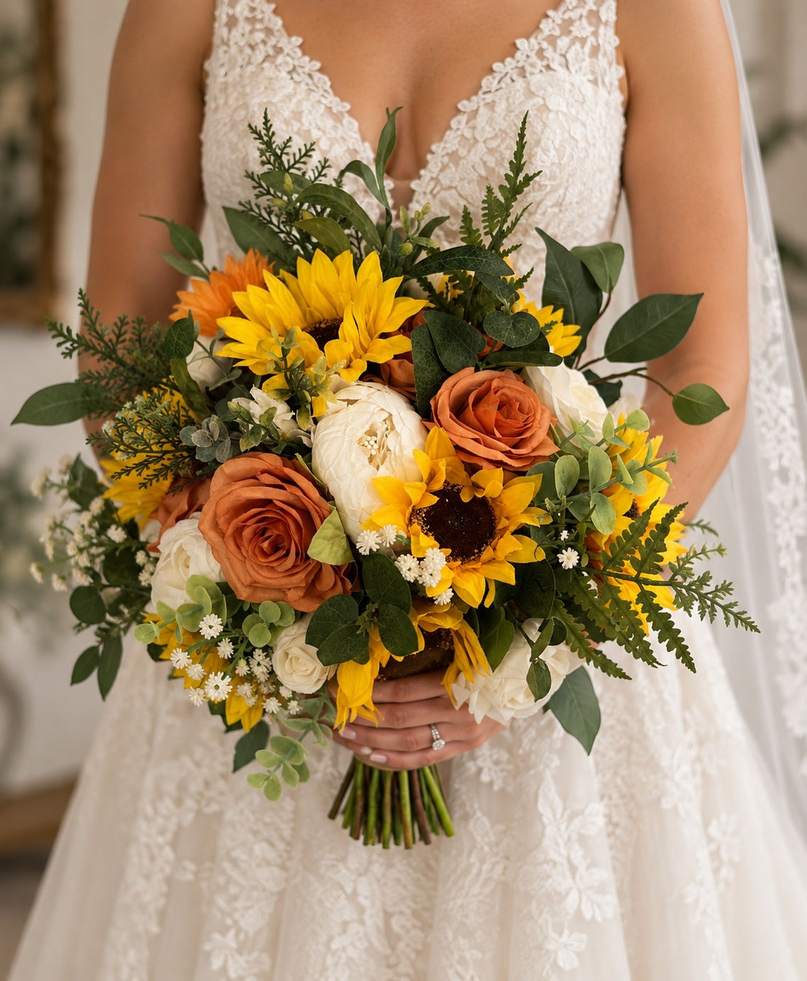 Sunflower Fall Bridal Bouquet | Rustic Autumn Faux Wedding Flowers