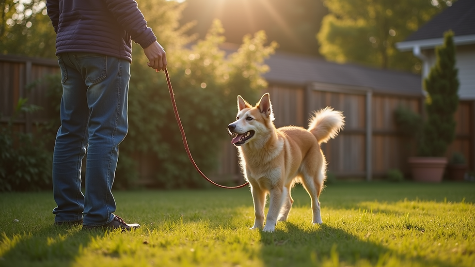 High angle view of a dog owner training their dog in a backyard