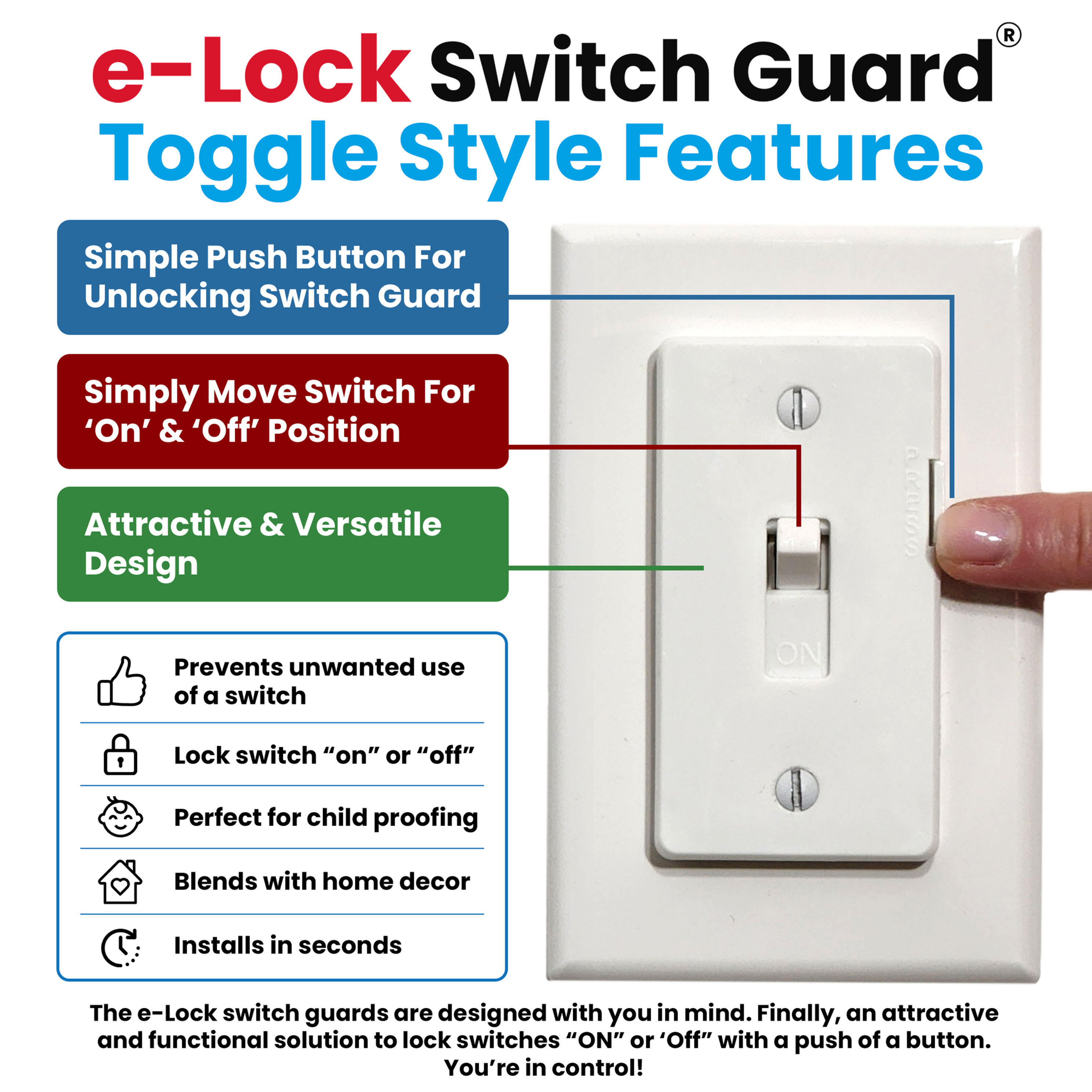 Toggle e- Lock Light Switch Guard features