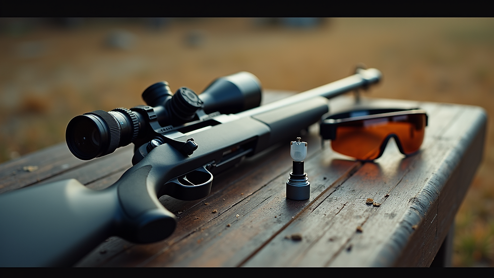 Close-up view of a firearm resting on a shooting bench with safety glasses and ear protection nearby