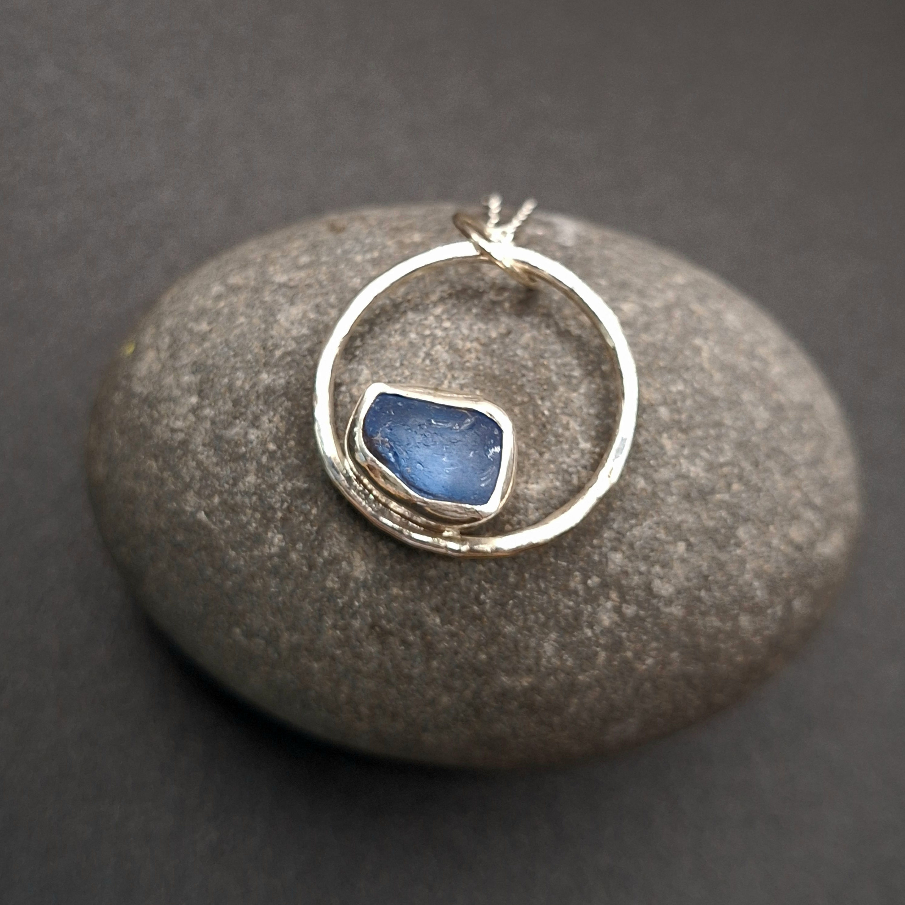 Mid Blue Seaglass Hoop Pendant