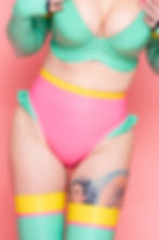 latex high leg high waist panties with contrasting trim and over leg ruffles