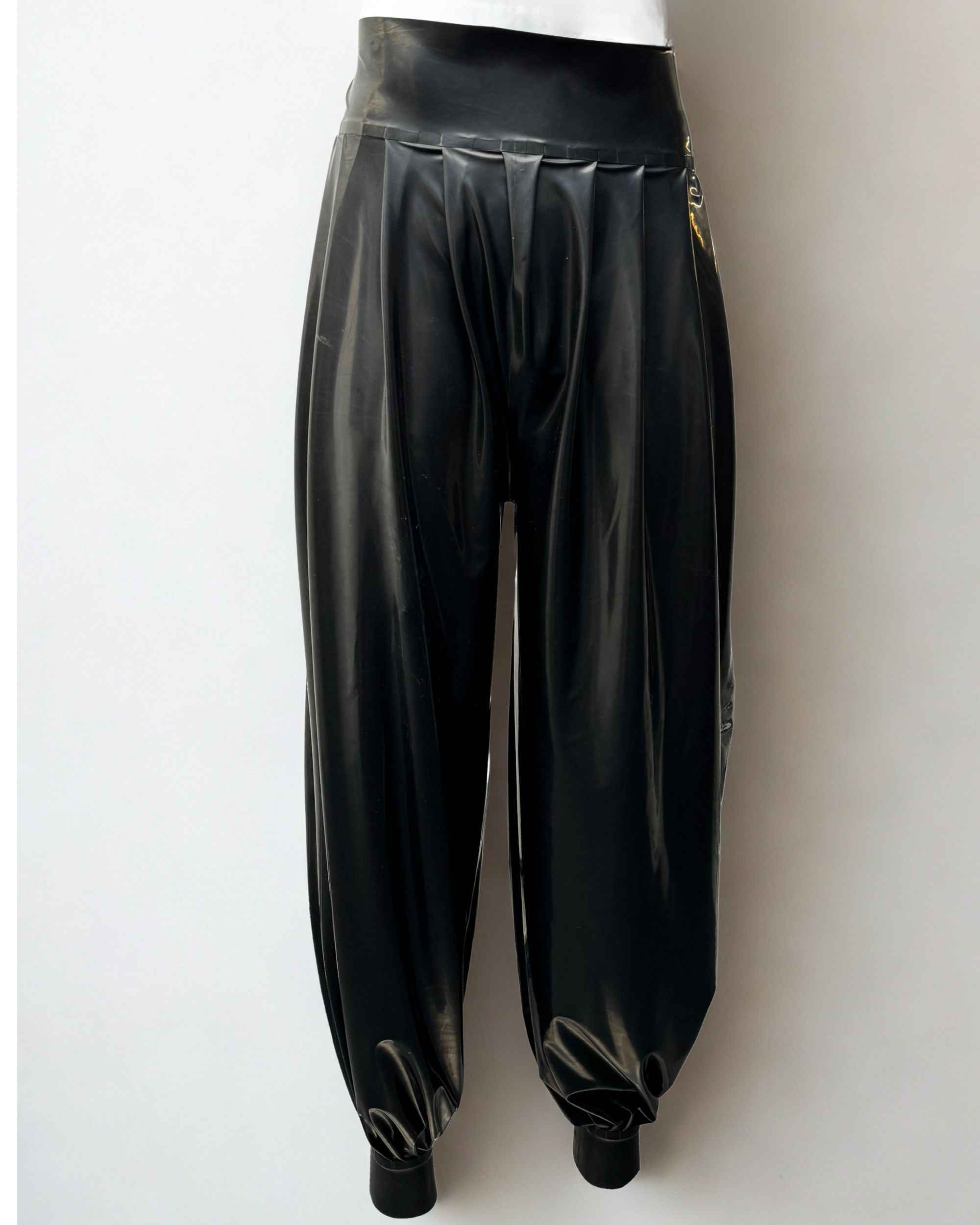latex loose flowing yoga pants pull on waistband and lots of latex in each leg