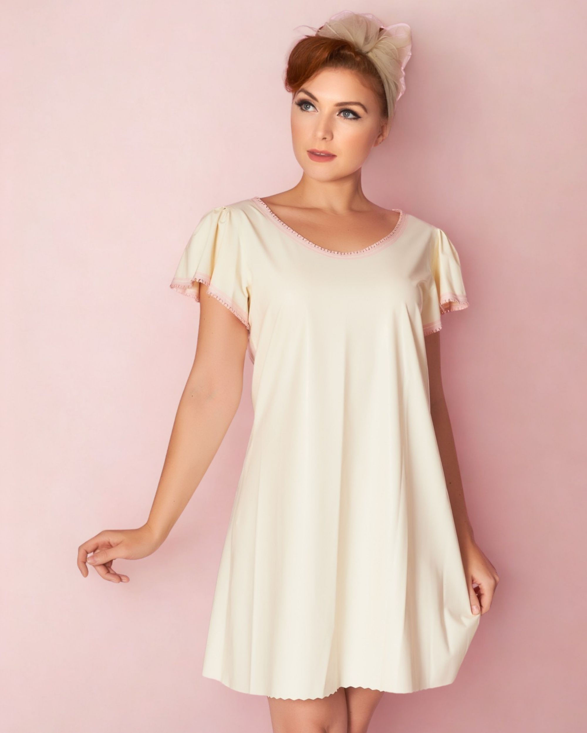 latex vintage pin up inspired nightie with soft sleeve and lace trim detailing