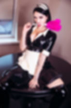 modern take on french maid dress with popper bust fastening, collar, mid length sleeves and a-line skirt