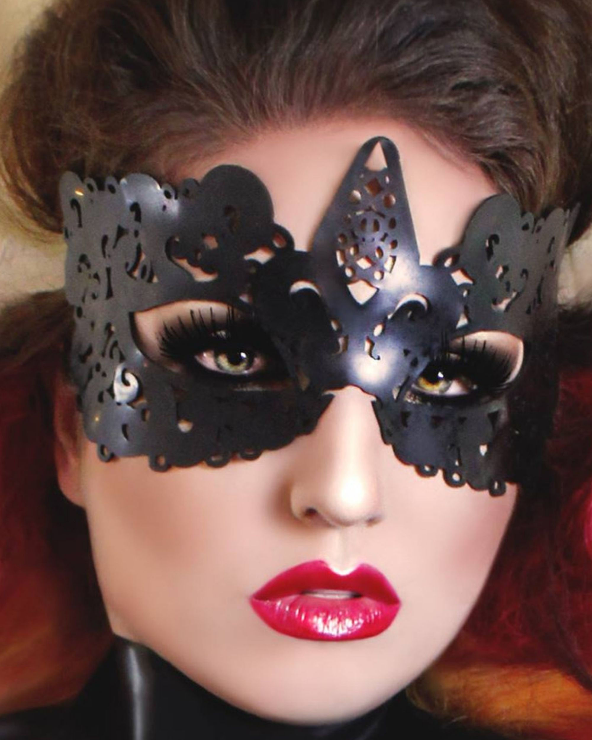 dramatic high gloss self tie face mask with intricate lace detailing