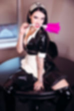 modern take on french maid dress with popper bust fastening, collar, mid length sleeves and a-line skirt