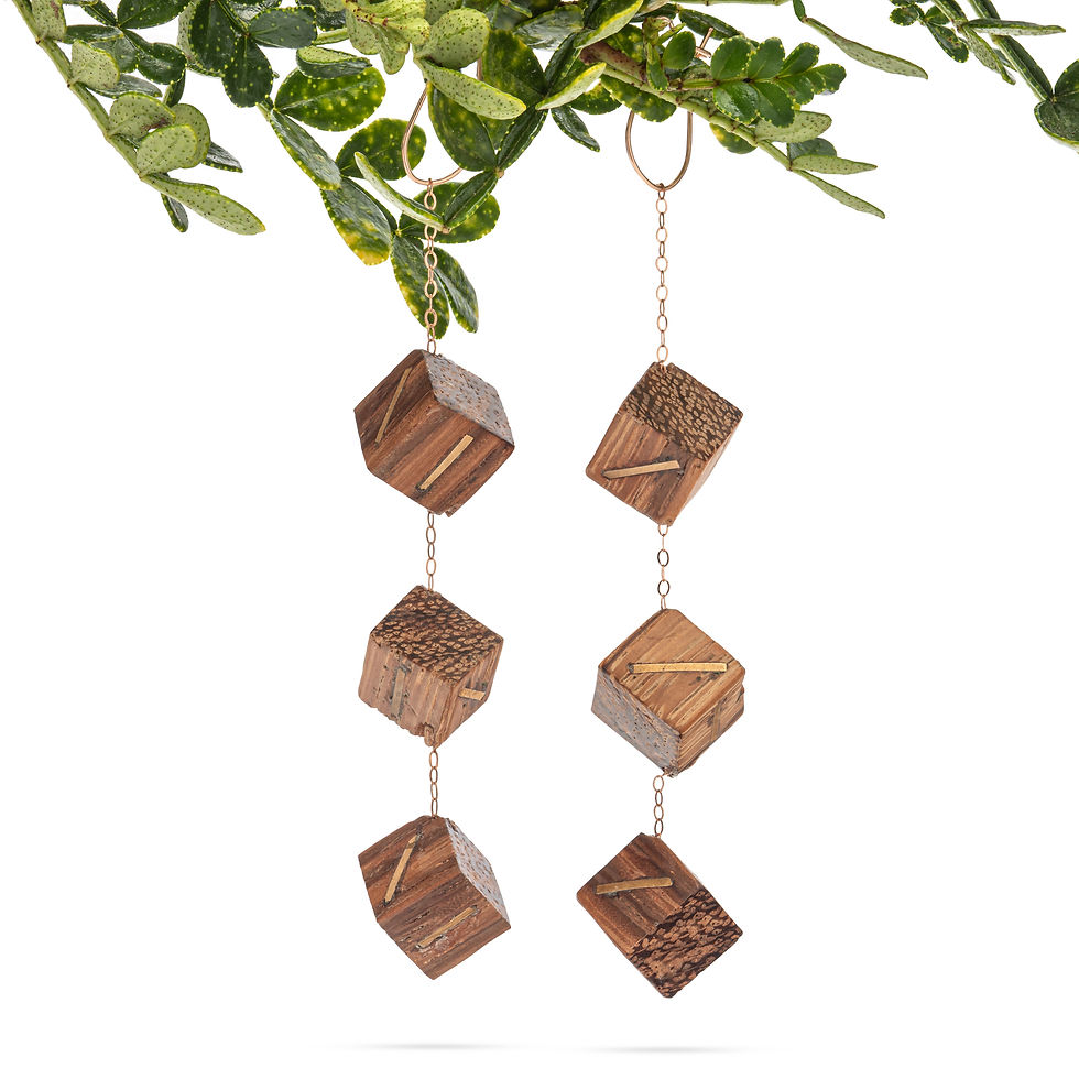 Handcrafted cube earrings in African Ebiara red zebrawood with 14k gold fill asymmetric strips - Norman David Designs