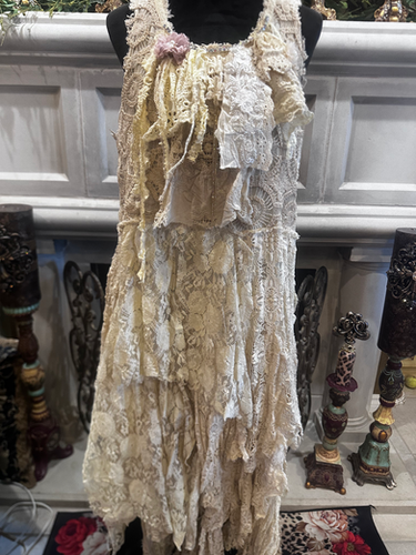 knee length dresses for ladies Beige Vintage Lace Mini Gem Dress S main image 1