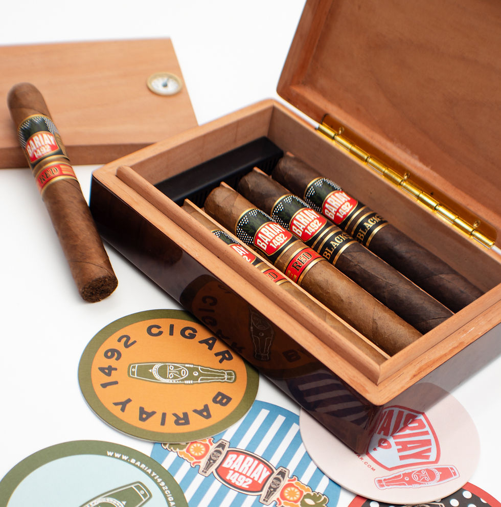 Cigar box containing labelled cigars on a white background