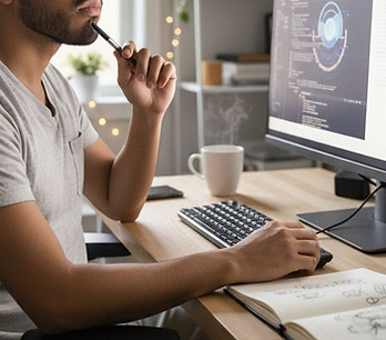 Persona trabajando en computadora portátil en un escritorio, representando marketing digital y creación de contenido