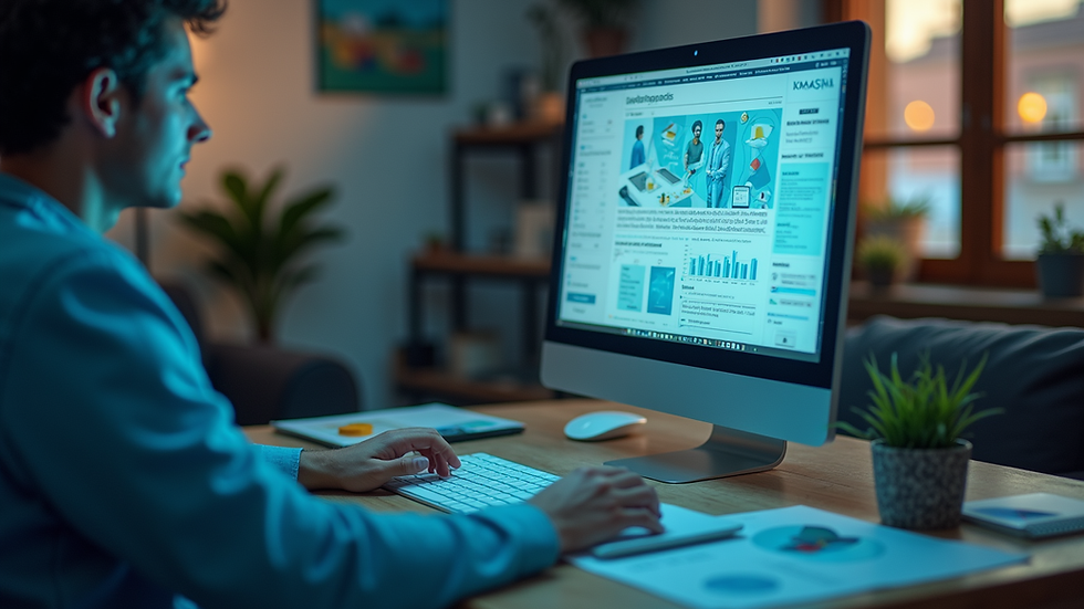 Vista a nivel de ojo de una computadora portátil con gráficos de marketing digital