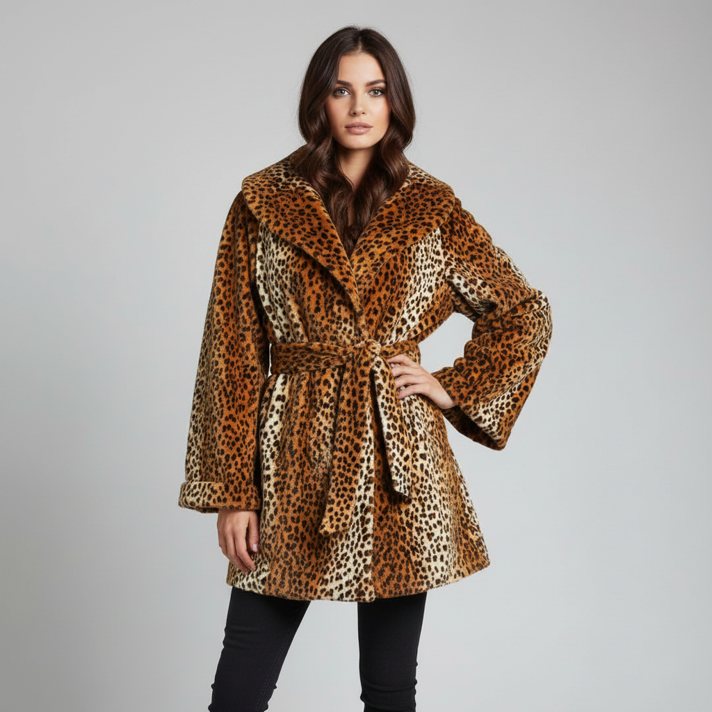 Animal Print Belted Coat – Warm, Soft-Brushed Statement Piece S-XL
