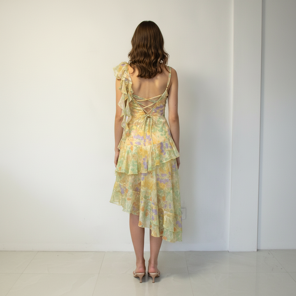 Miniatura: Yellow Floral Ruffle Dress – Feminine I., Lace-Up Back, One-of-a-Kind Original 