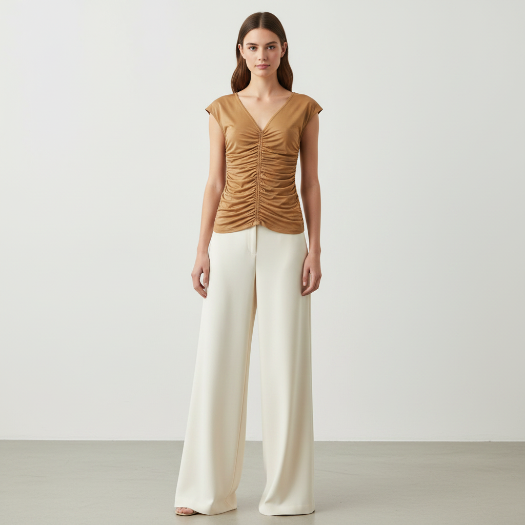 Silk Ruched Top – Soft Draped V-Neck / S–M