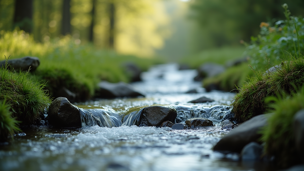 Close-up view of a serene nature scene with a flowing stream