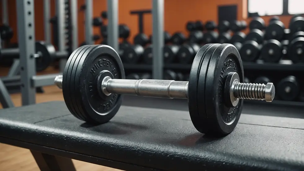 Close-up of a dumbbell resting on a gym bench