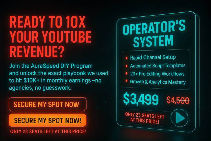 Course banner for The Creator’s Operating System by AURASPEED, featuring faceless YouTube strategy, automation workflow, and $10K/month growth blueprint – designed for creators who want to build monetized channels without showing their face.