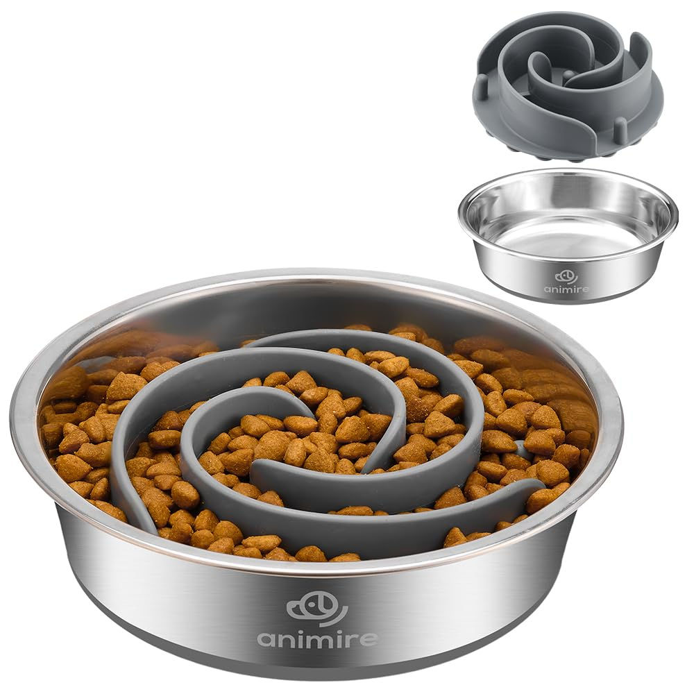 2-in-1 Metal Dog Bowl with Slow Feeder Insert Stainless Steel Dog Bowls Food Gra