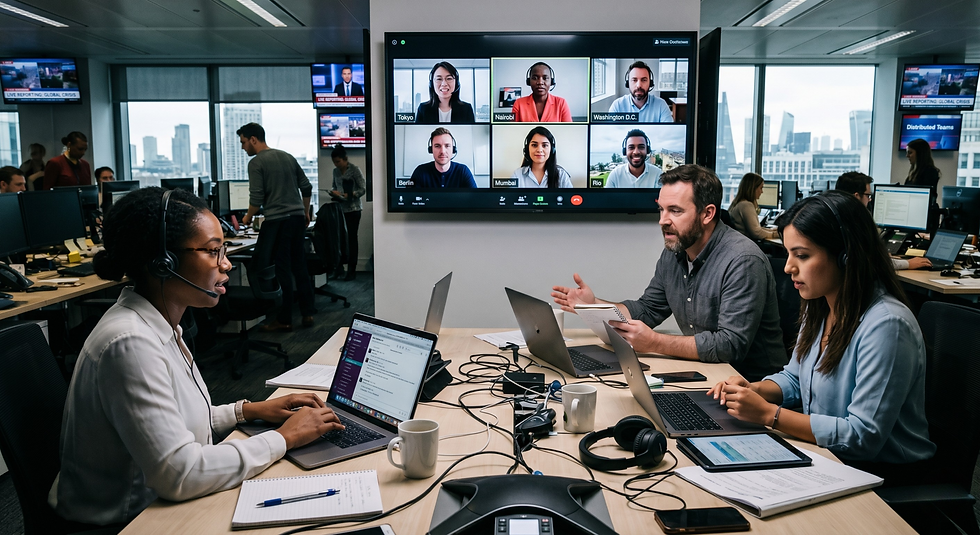 Journalists working across distributed reporting environments.