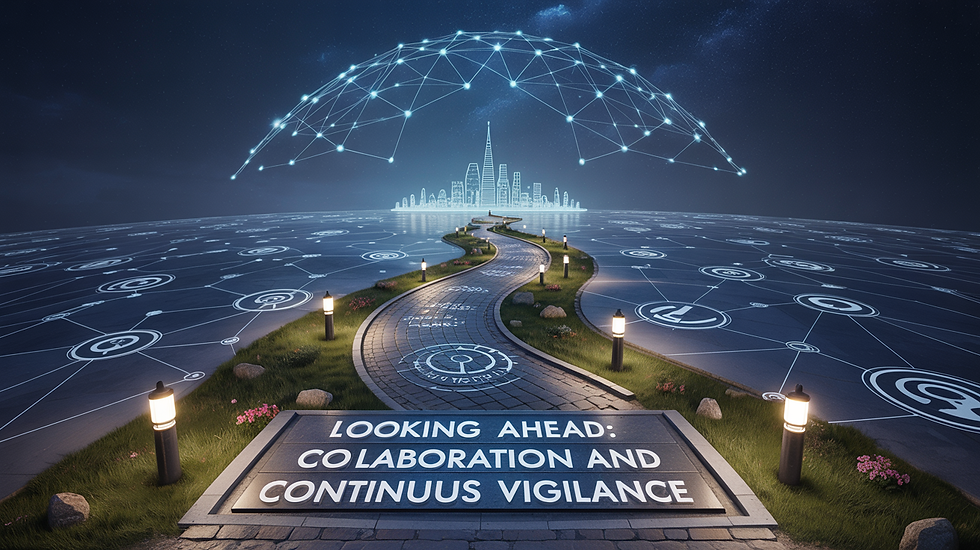 A curved pathway leads to a digital city skyline under a starry night. Text reads "LOOKING AHEAD: COLLABORATION AND CONTINUOUS VIGILANCE."