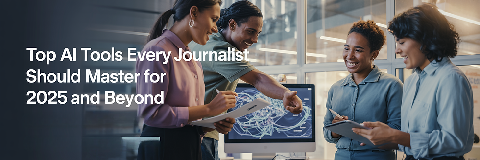 Four people smile and collaborate in an office with a computer displaying data. Text reads: Top AI Tools Every Journalist Should Master for 2025 and Beyond.