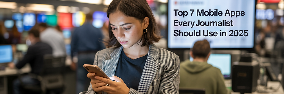Woman focused on smartphone in busy office with screens. Text on wall reads "Top 7 Mobile Apps Every Journalist Should Use in 2025."