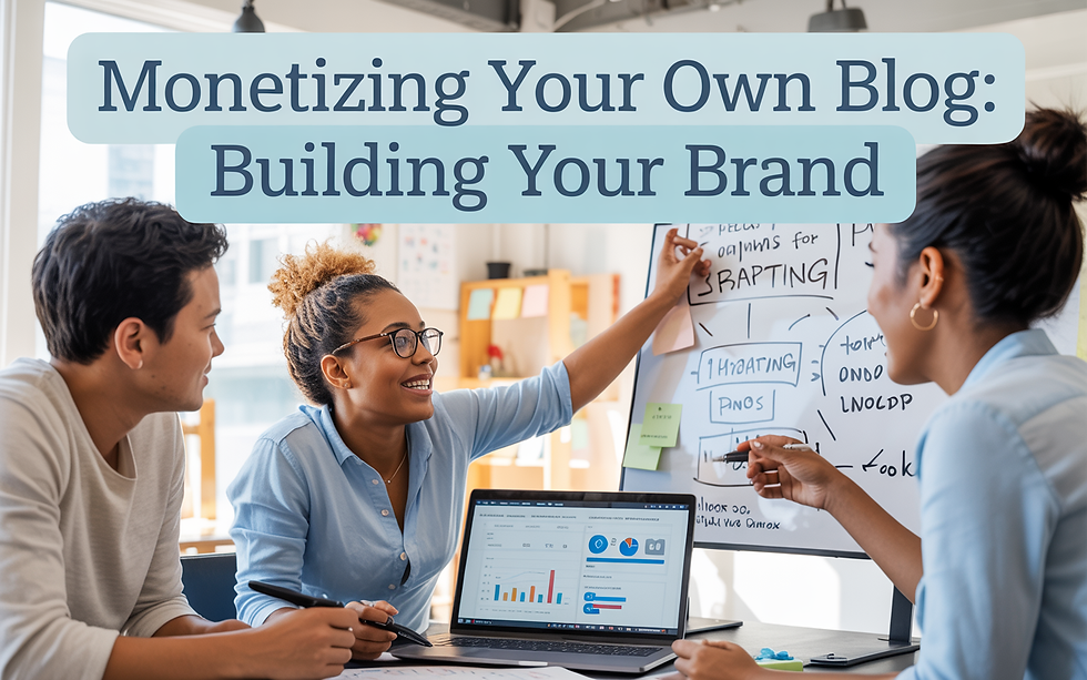 People discussing at a desk, smiling, with laptop charts and a whiteboard. Text: "Monetizing Your Own Blog: Building Your Brand."