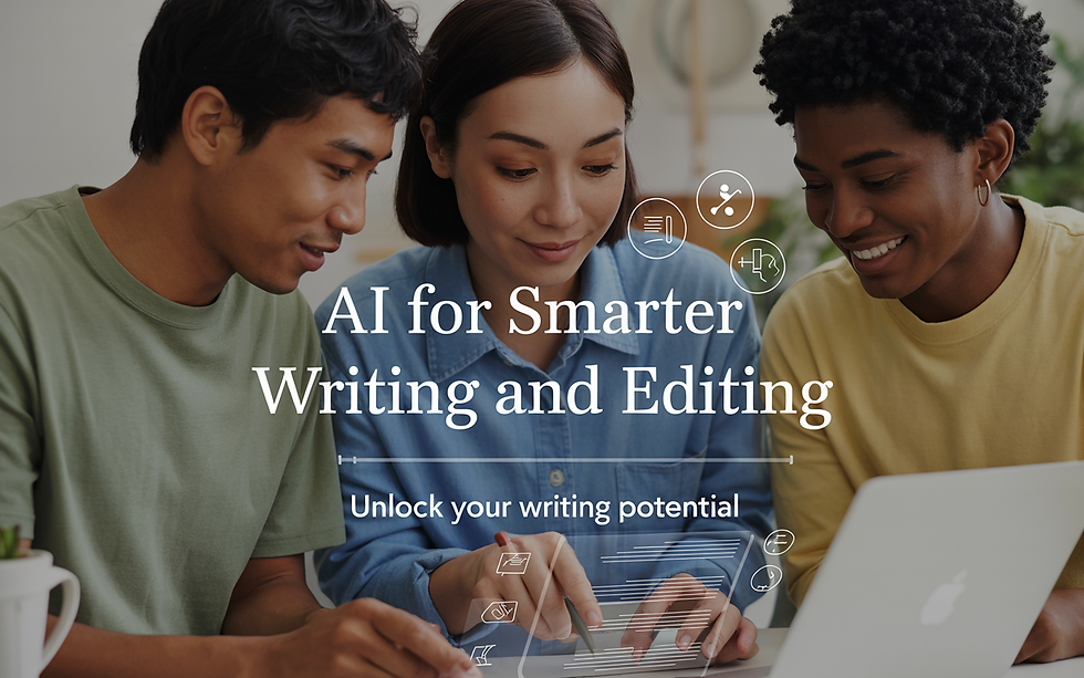 Three people collaborate, smiling, with a laptop. Text: "AI for Smarter Writing and Editing, Unlock your writing potential." Various icons hover.
