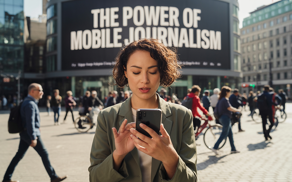 Woman using phone in busy city square, large sign behind says "The Power of Mobile Journalism." People and bicycles in the background.