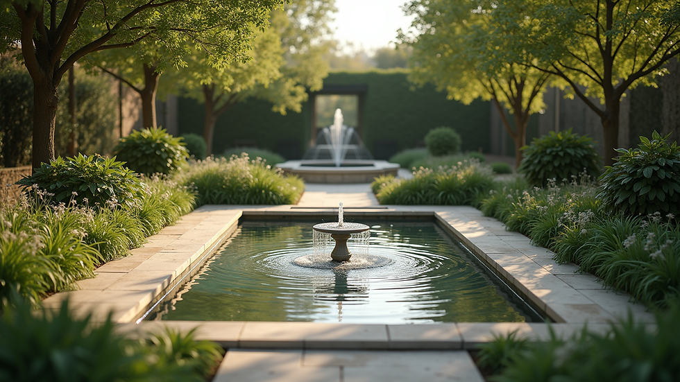 High angle view of a peaceful garden with a small fountain